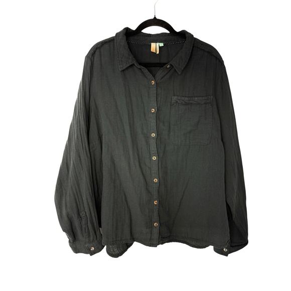 Pilcro Anthropologie Cotton Double Gauze Button Down Shirt 3X Black Minimalist - Picture 2 of 11